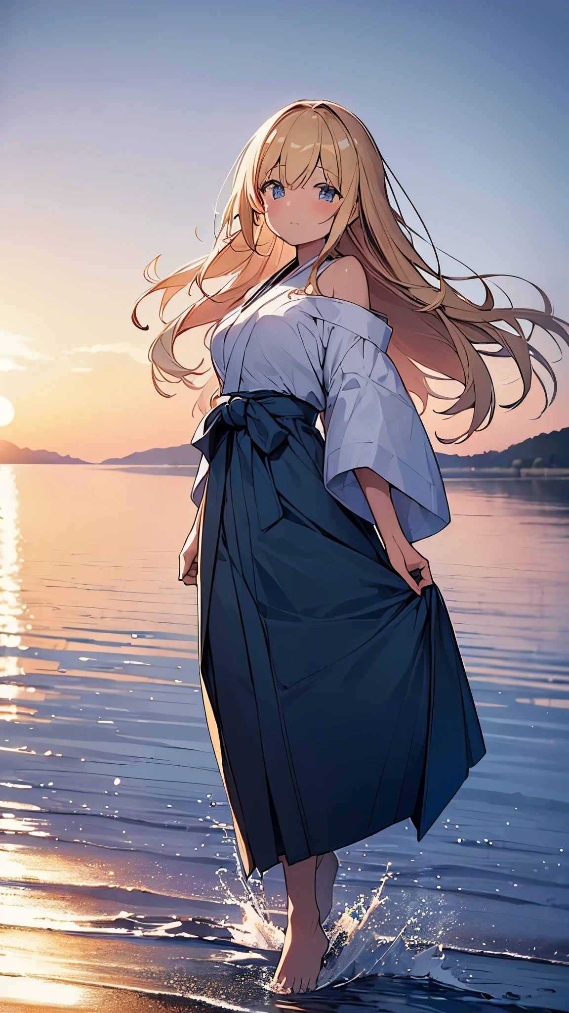 (Masterpiece, Top quality: 1.5) ,4K, (walking on water:1.4), from behind, 1 beautiful girl, solo, blond hair, (blue hakama :1.3), off shoulder, barefoot, long hair, wave hair, (junior high school student:1.2), medium breasts, standard weight, blush:1.2, beautiful scene of big lake, big lake all around, Horizon, magnificent panorama view, Silent lake surface, sunset