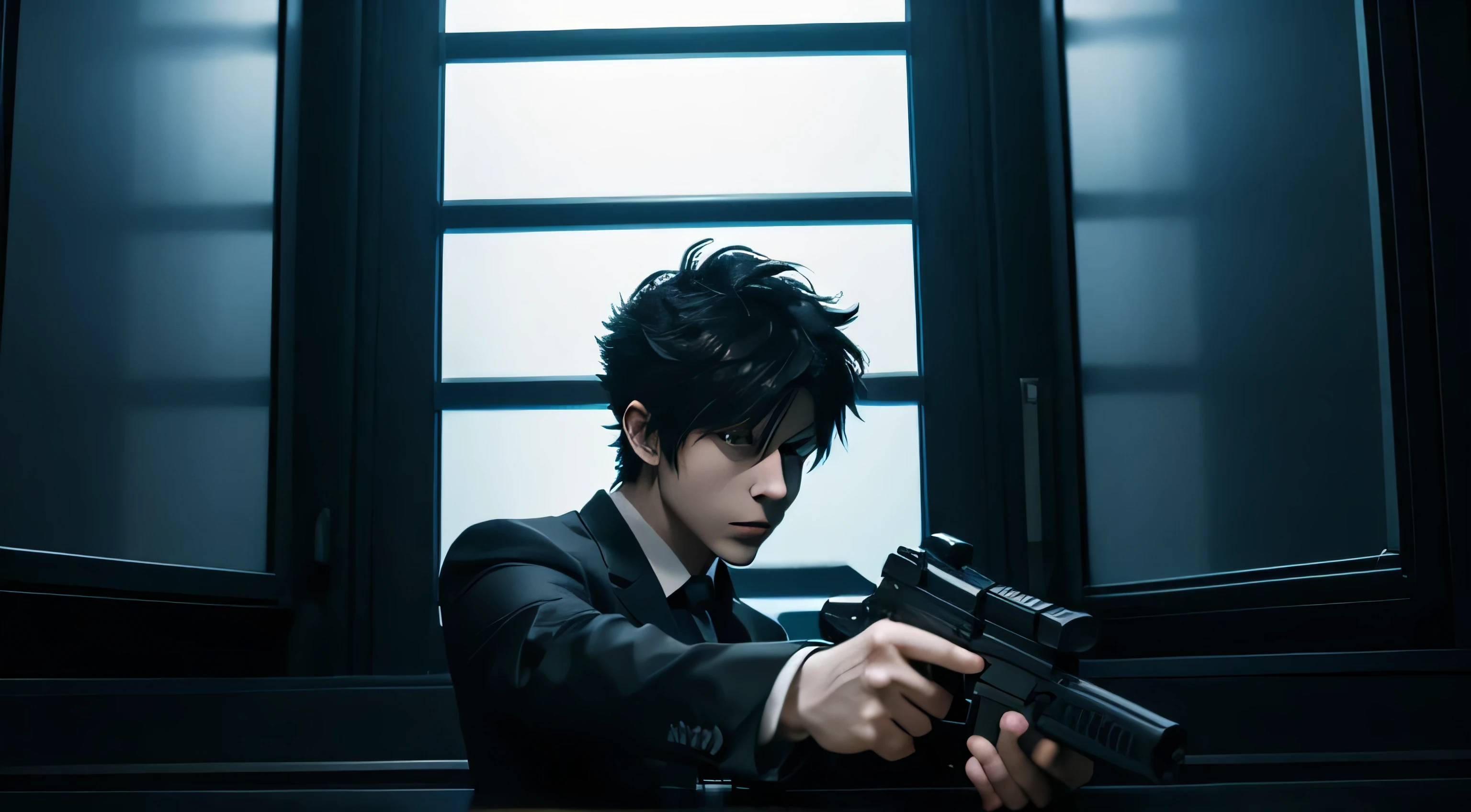 art style in the style of psycho pass, dominator gun, anime, kogami, wielding dominator gun, dark metro, window with light, night time