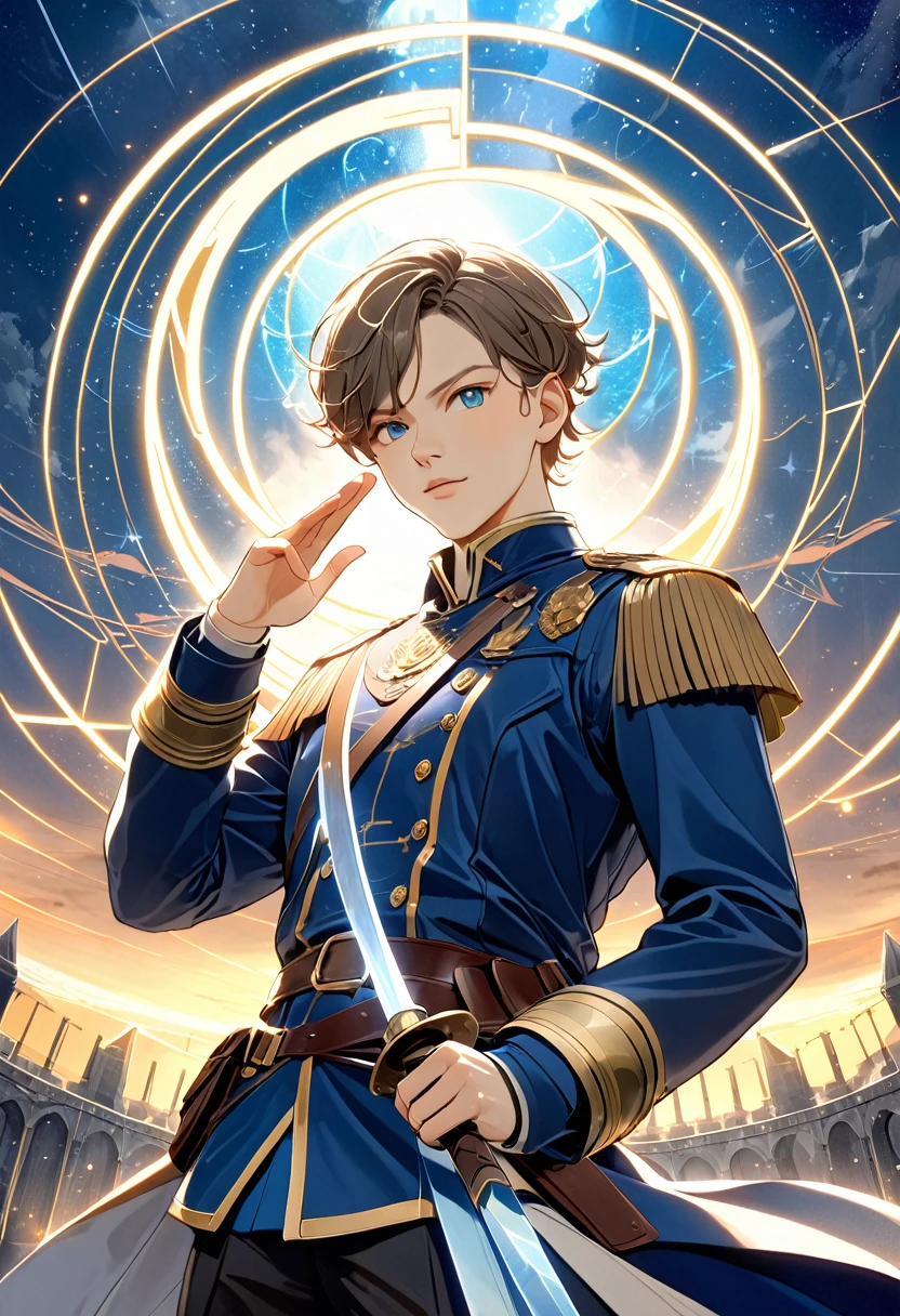 young boy officer,Flashy production,Blue Uniform,detailed face,blonde,raise right hand,(many Swords shoot out from a large magic circle in the sky),In front of the ruins,sparkling lights,(depth of field:1.3),Portrait,magnificent view,