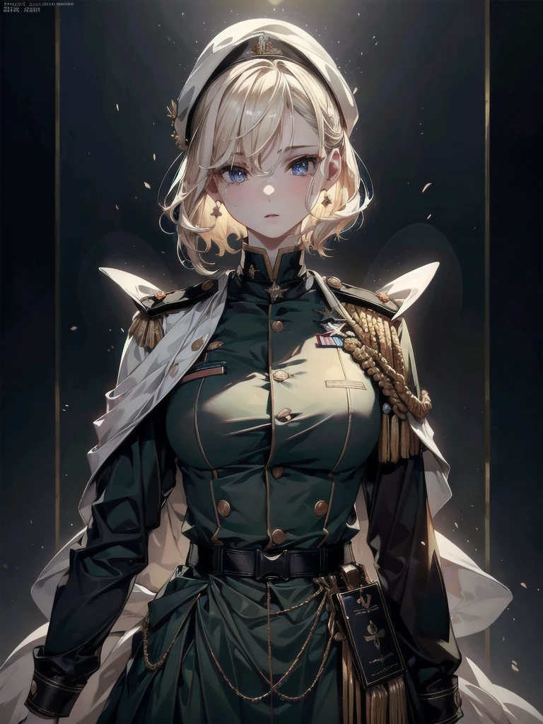 whole body, military uniform, absurdres, RAW photo, extremely delicate and beautiful, masterpiece, Best Quality, ultra high resolution, 32k, hyperrealistic, ultra-detailed, perfect figure, perfect shape, detailed description, pale skin, 20 years old, detailed beautiful face and eyes, tearful mole, earring, short medium hair, wavy hair,