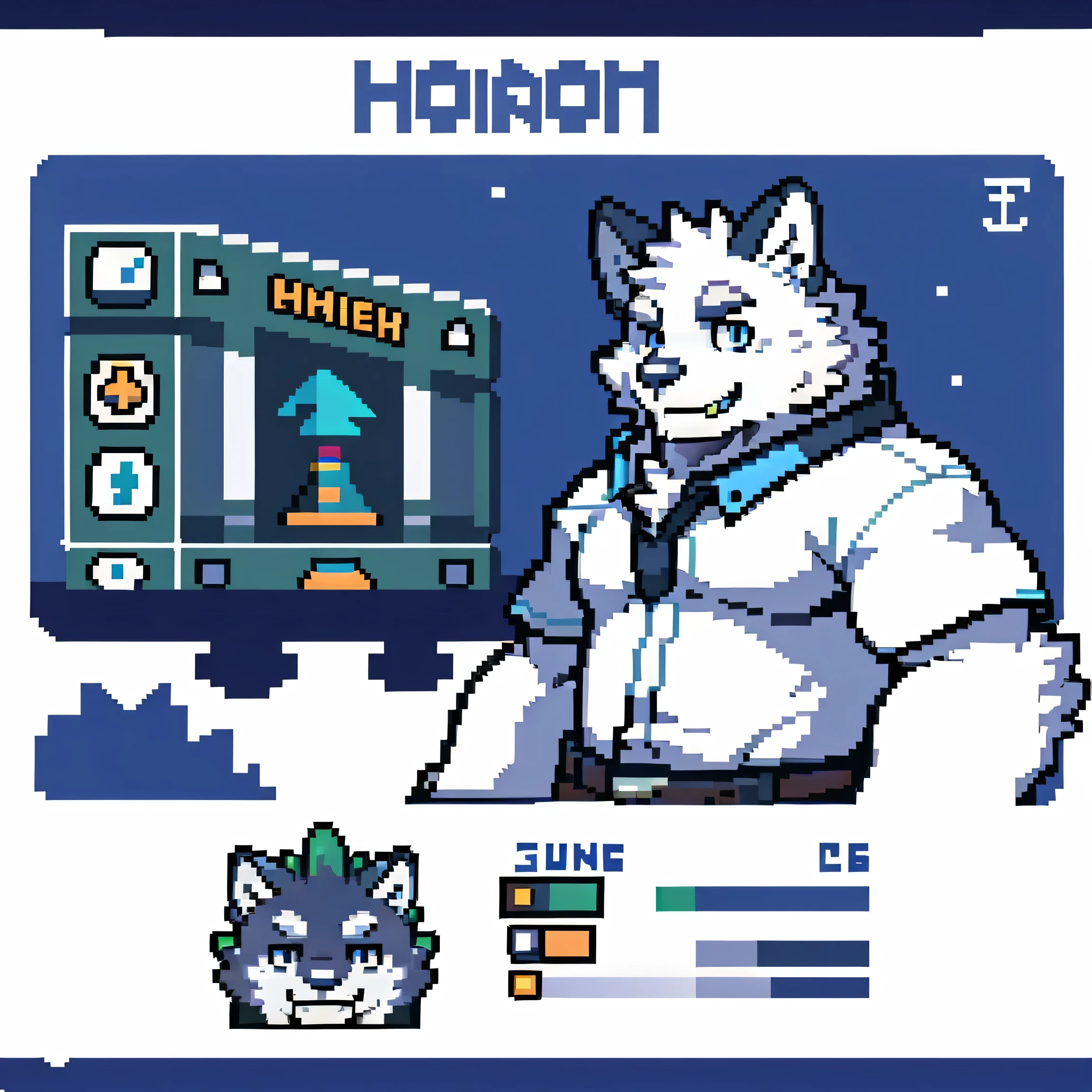 snow wolf, ((all white fur:1.5)), Perfect sky blue eyes, Spike Collar, (artist:Takemoto Arashi), Mature face, (fang out:1.5), seductive smile, Unbutton all white shirt buttons, logo mark, stamp, Geometric pattern, vector-art, pixel graph, (White eyebrows), Looking at the audience, solo, Adventure game interface, stats, best quality, UHD