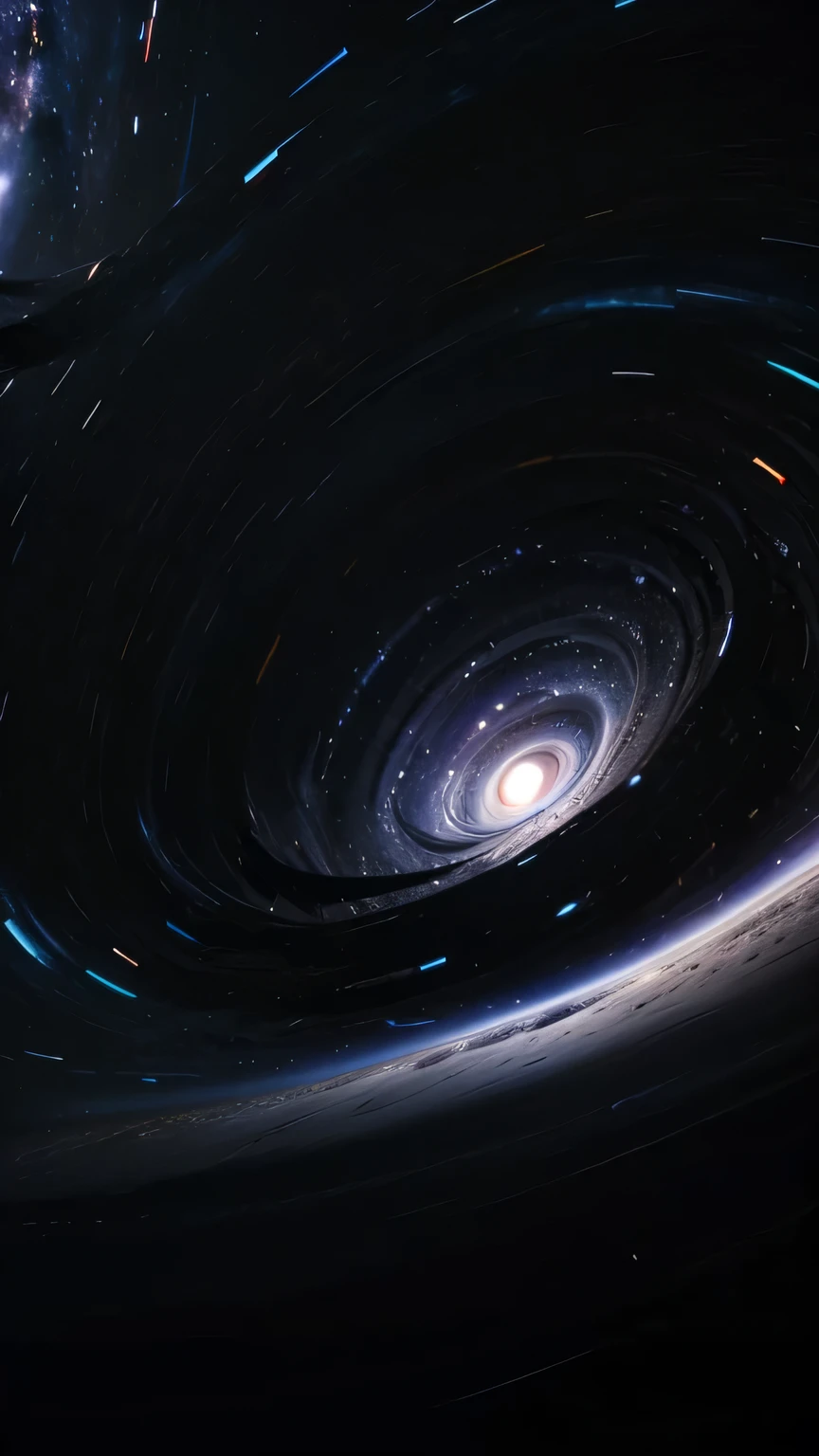 A dramatic representation of a black hole's singularity. Show the intense gravitational pull bending the fabric of space and time with a powerful vortex at the center. Use vibrant colors like deep black, dark blues, and hints of white light."