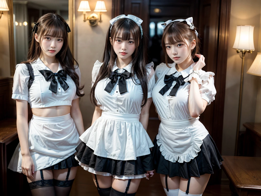 (8K, Raw photography, top-quality, masterpiece:1.2), master piece, best quality, illustration, Super detailed, fine details, High resolution, 8K,wall paper, perfect dynamic composition,(Details High quality, realistic depiction of eyes:1.3), ((2 girls, 2 schoolgirls)), huge breasts,The background is a luxury hotel room、(bow ribbon, Maid, knee high socks:1.3), Play with each other,Touching each other's bodies,Touching the body of the girl next door, short bob hair, black hair color, huge breasts, Big Natural Color Lip, bold sexy pose, (perfect body shape), crying a little、cold gaze, Beautiful makeup,glitter makeup,Cutest 18 years old, beautiful legs, hposing Gravure Idol, Voluptuous thighs