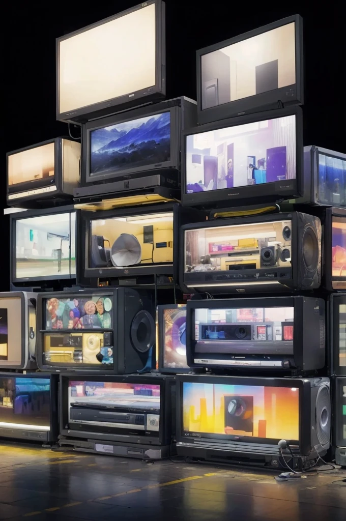 Background with many old televisions, stacked on top of each other, black background, televisions without signal, Front perspective