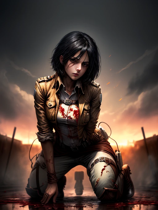 High quality, masterpiece, 8k, 1 female, Mikasa, perfect body, very beautiful face, sitting on her knees, in the battlefield, blood, torn clothes, too many titan blood, full body 