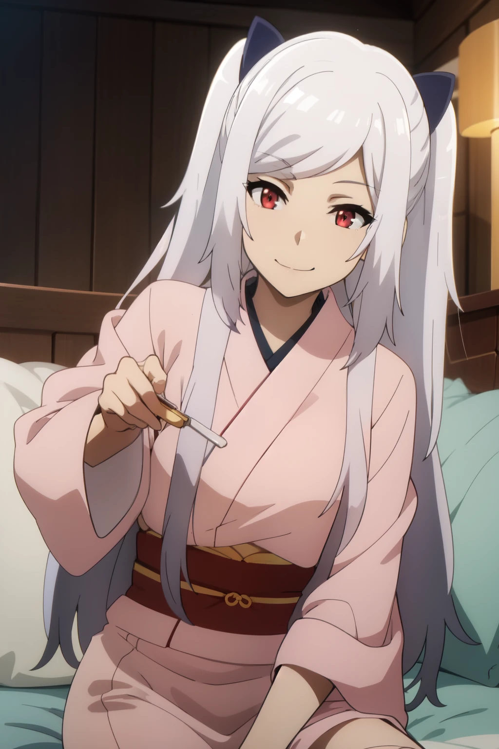 Anime background art, bottom of room, one bed, lying on a bed, beautiful anime scenes, 4K anime art wallpaper, 4k anime art wallpaper, Rosla global illumination, anime girl, 1 girl, LORA similar, best quality, detailed, alone, looking at the viewer, mouth closed, smile, hairstyle with two pigtails, hair accessory, definition in the eye, perfect face, lying on a bed, perfect face, perfect hair, white hair, red eyes, kimono costume.
