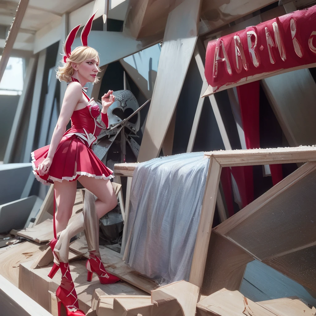 a cute cosplay woman, cate blanchett, wearing bunny ears, costumed as kill la kill ryuko matoi, full body shot, detailed face, beautiful detailed eyes, beautiful detailed lips, extremely detailed features, long eyelashes, dynamic pose, high quality, 8k, photorealistic, cinematic lighting, vivid colors, digital art, concept art style