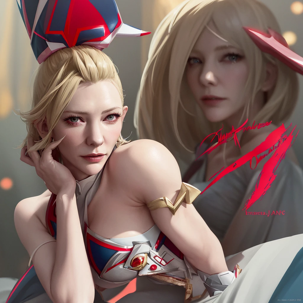 a cute cosplay woman, cate blanchett, wearing bunny ears, costumed as kill la kill ryuko matoi, full body shot, detailed face, beautiful detailed eyes, beautiful detailed lips, extremely detailed features, long eyelashes, dynamic pose, high quality, 8k, photorealistic, cinematic lighting, vivid colors, digital art, concept art style