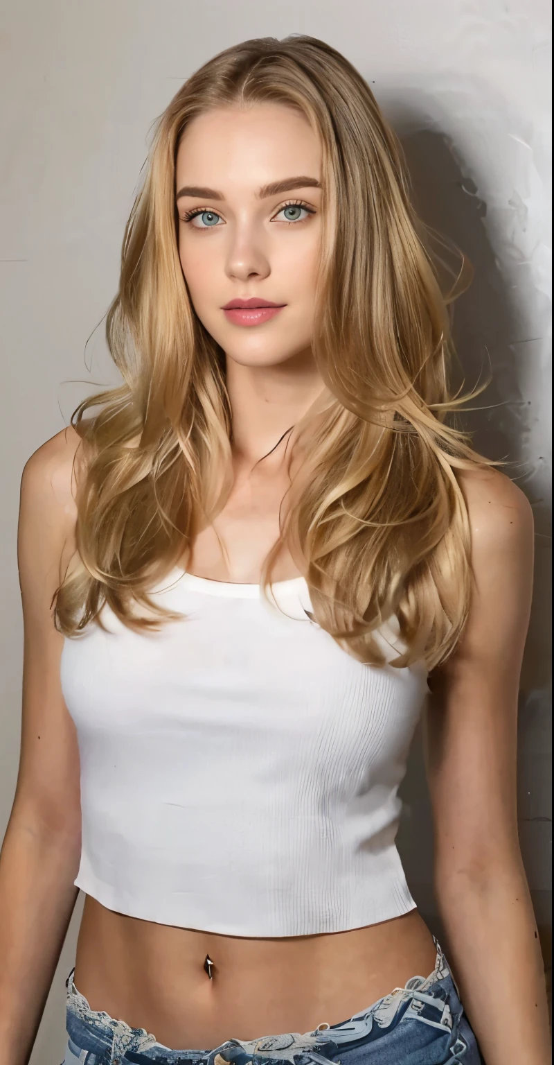 mulher arafada com longos cabelos loiros e blusa branca, uma loira linda, linda jovem modelo, blonde and attractive features, 2 modelo feminino de 4 anos, lindo cabelo loiro, cabelo loiro natural extra-claro, cabelo lisonjeiro, cabelo loiro elegante, Erin Moriarty, Her hair is long and straight, belos destaques e especulares, o cabelo dela fluindo para baixo
