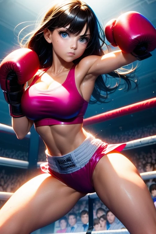 a young girl in a bikini and boxing gloves standing next to a body of water, mia kischner, she is ready to fight, wearing vibrant boxing gloves, boxing stance, girl of the alps, muscular girl, boxer, athletic fashion photography, girl standing on mountain, fit girl, young swimsuit model, brave young girl, ready to fight, warrior girl, posing ready for a fight, boxing, athletic and strong, kickboxing, panoramic centered view of girl, panoramic view of girl