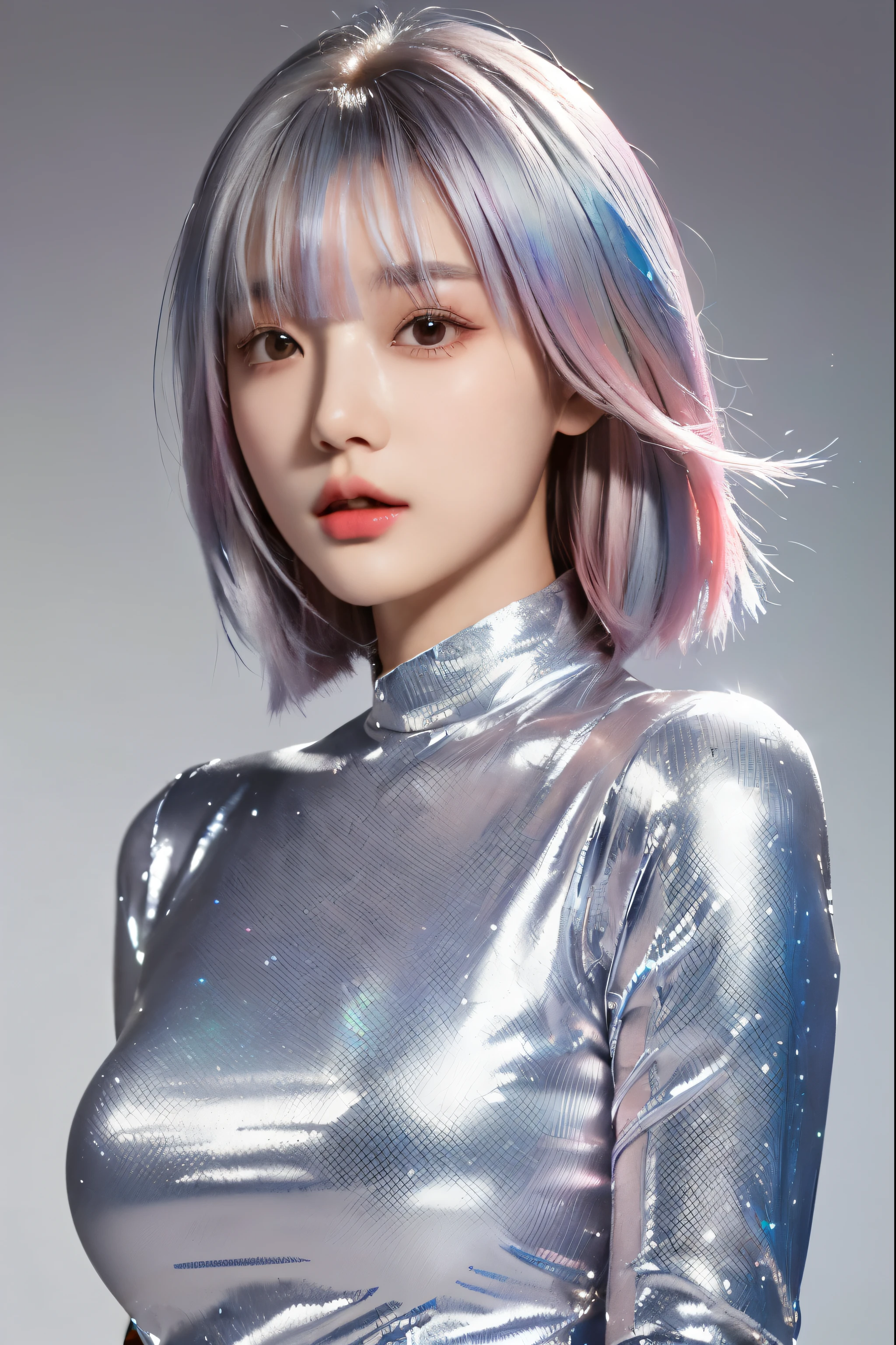 Close-up of a woman with pink hair and silver top, inspired by Yanjun Cheng, Girls silver hair, Silver-haired girl, iridescent specular highlight, Chrome Bob Hairstyle, silver, Light Rainbow Hair, yanjun chengt, Sun Yunzhu, Silver and cool colors, Cute girl with short pink hair, Portrait of a Korean female idol