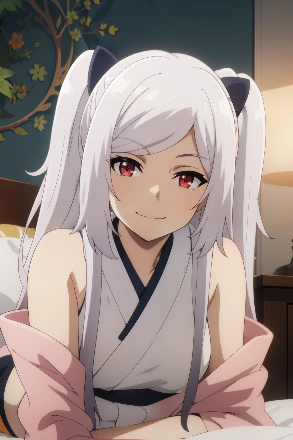 Anime background art, bottom of room, one bed, lying on a bed, beautiful anime scenes, 4K anime art wallpaper, 4k anime art wallpaper, Rosla global illumination, anime girl, 1 girl, LORA similar, best quality, detailed, alone, looking at the viewer, mouth closed, smile, hairstyle with two pigtails, hair accessory, definition in the eye, perfect face, lying on a bed, perfect face, perfect hair, white hair, red eyes, kimono costume.