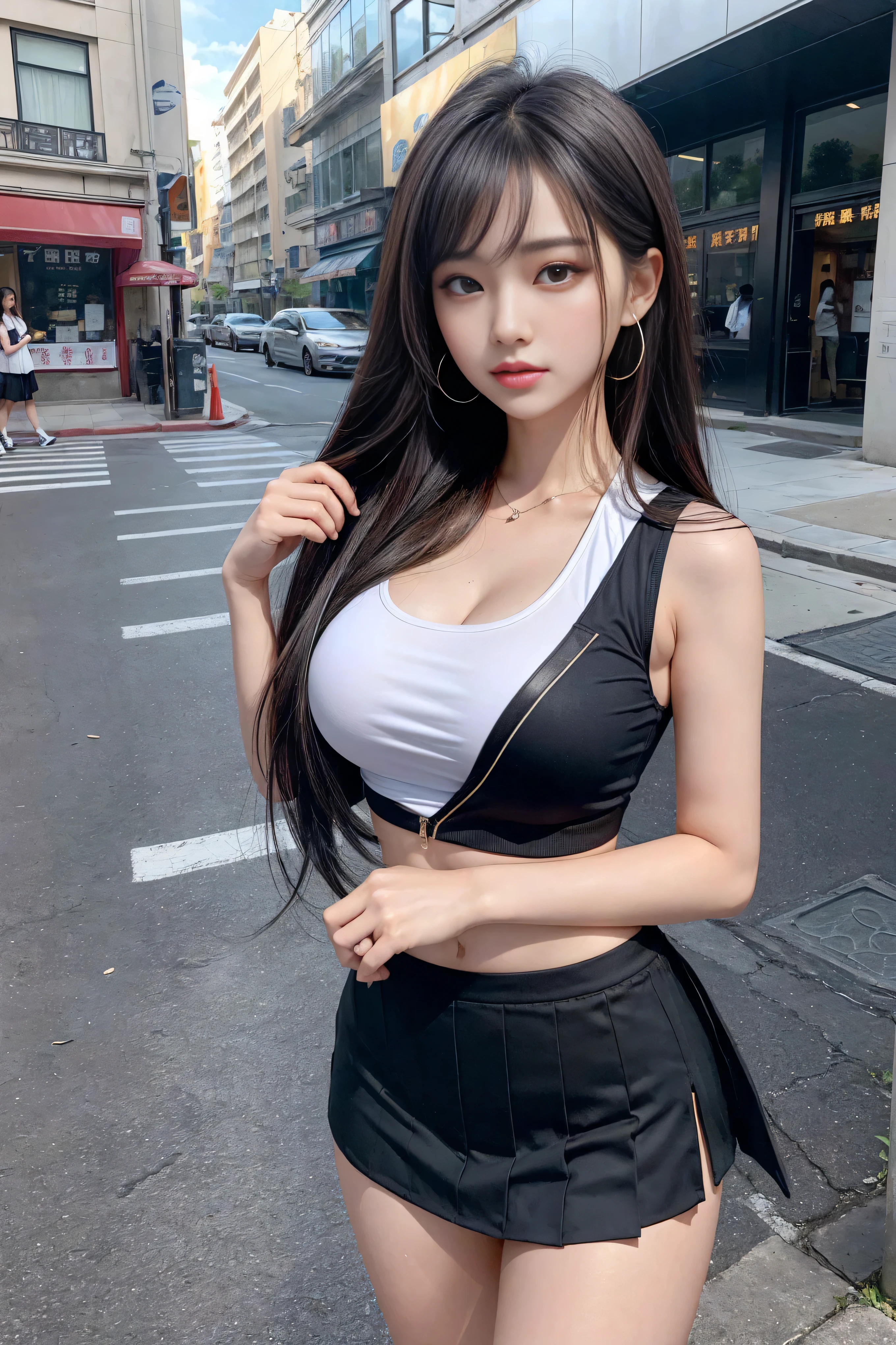 (quality),8K,(masterpiece:1.3),(1 girl:1.3),(In the name of Mina),Beautiful of Korean girl, Korean pop idol,Beauty of woman与完美of身材:1.4,(Vest line,Muscular hands:1.2),((Layered Hairstyle, Medium breasts:1.2)), ((View Viewer)),(A brilliant smile:1.3),(Big Ass),Actual,high resolution,Highly detailed face and skin textures,Reality of face,RAW photos,((Pretty face:1.5)),(Beauty of woman:1.4),Perfect body example,,((Very rich facial details)),Attention to detail,Double eyelids,Eyeshadow Enhancement,Eye for detail,Professional lighting,灯Optics,Sharp focus,((Sporty style)),((Optics, Vibrant colors、Fit of T-shirt,Sporty skirts,((Lively,Positive,Livelyof thighs)),(of:1.3),Ultra-thin sports bar,Sports hip skirt,On the street,