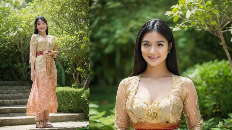 (best quality,4k,8k,highres,masterpiece:1.2),ultra-detailed,(realistic,photorealistic,photo-realistic:1.37),beautiful Thai girl, vibrant and expressive eyes, luscious lips, silky black hair cascading down her shoulders, flawless olive skin complexion, slender figure with graceful curves, youthful charm exuding from her 18-year-old features, dressed in a kebaya_bali costume, adorned with intricate embroidery and vibrant colors, exuding elegance and cultural richness, standing in a picturesque garden with blooming flowers and lush greenery, basking in the warm sunlight that highlights her natural beauty, delicate lotus flowers floating in a tranquil pond nearby, adding a touch of serenity to the scene, capturing the essence of Thai culture and gracefulness, inviting viewers to immerse themselves in the rich tapestry of Thai traditions and the allure of a young woman's captivating presence.
