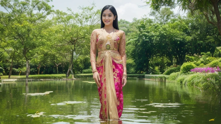 (best quality,4k,8k,highres,masterpiece:1.2),ultra-detailed,(realistic,photorealistic,photo-realistic:1.37),beautiful Thai girl, vibrant and expressive eyes, luscious lips, silky black hair cascading down her shoulders, flawless olive skin complexion, slender figure with graceful curves, youthful charm exuding from her 18-year-old features, dressed in a kebaya_bali costume, adorned with intricate embroidery and vibrant colors, exuding elegance and cultural richness, standing in a picturesque garden with blooming flowers and lush greenery, basking in the warm sunlight that highlights her natural beauty, delicate lotus flowers floating in a tranquil pond nearby, adding a touch of serenity to the scene, capturing the essence of Thai culture and gracefulness, inviting viewers to immerse themselves in the rich tapestry of Thai traditions and the allure of a young woman's captivating presence.