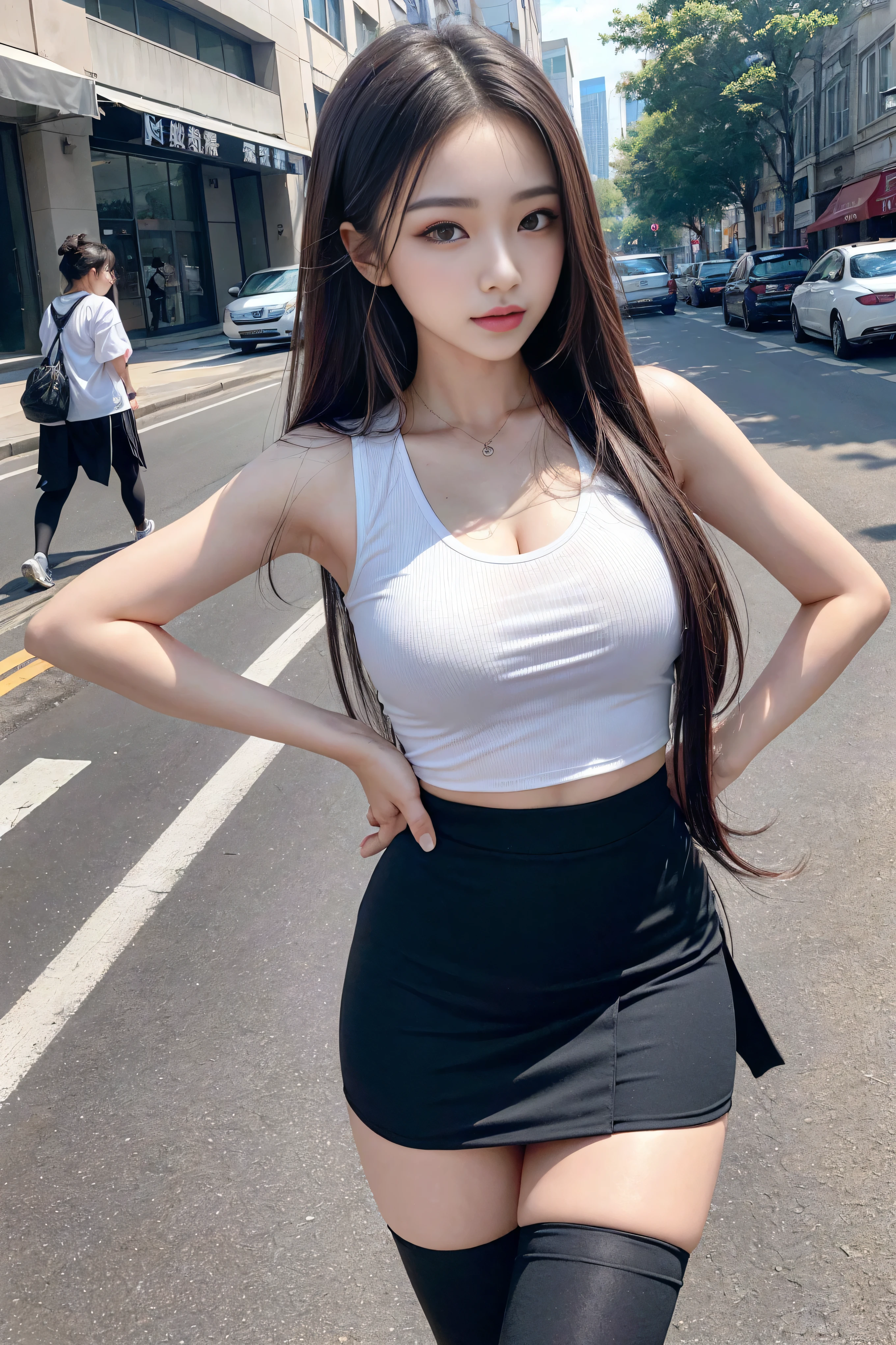 (quality),8K,(masterpiece:1.3),(1 girl:1.3),(In the name of Mina),Beautiful of Korean girl, Korean pop idol,Beauty of woman与完美of身材:1.4,(Vest line,Muscular hands:1.2),((Layered Hairstyle, Medium breasts:1.2)), ((View Viewer)),(A brilliant smile:1.3),(Big Ass),Actual,high resolution,Highly detailed face and skin textures,Reality of face,RAW photos,((Pretty face:1.5)),(Beauty of woman:1.4),Perfect body example,,((Very rich facial details)),Attention to detail,Double eyelids,Eyeshadow Enhancement,Eye for detail,Professional lighting,灯Optics,Sharp focus,((Sporty style)),((Optics, Vibrant colors、Fit of T-shirt,Sporty skirts,((Lively,Positive,Livelyof thighs)),(of:1.3),Ultra-thin sports bar,Sports hip skirt,On the street,