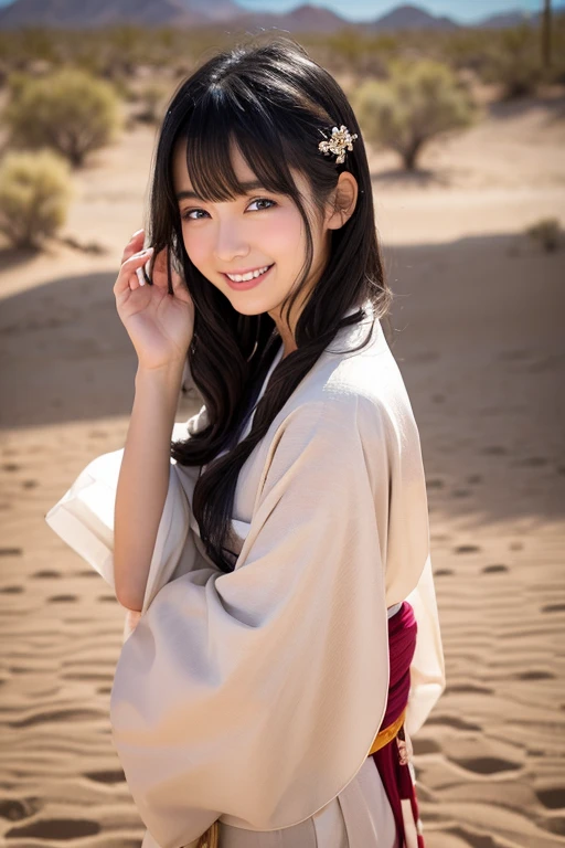 Beauty Black Hair Sand is thrown in the desert Innocence smile Fair skin kimono