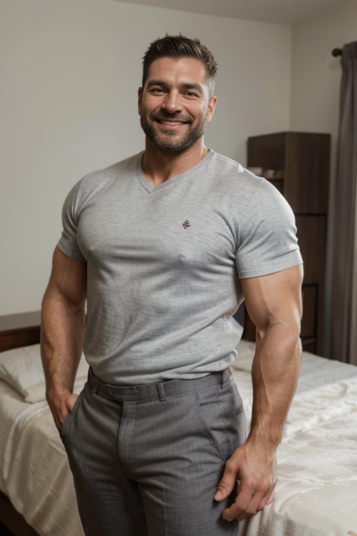 Award-winning original photoen, 30 years old man and wild muscular man, 40 years old, short beards, burly, hunk, wearing shirts, smilling happil, detailed, lovely, full body, gray formal trousers