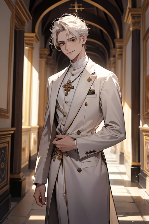 1male, Adulto, Elegante, cruel smile, sadist, pelo blanco, priest of ancient civilization, con bata, antigua ceremonia religiosa, parte superior del cuerpo
