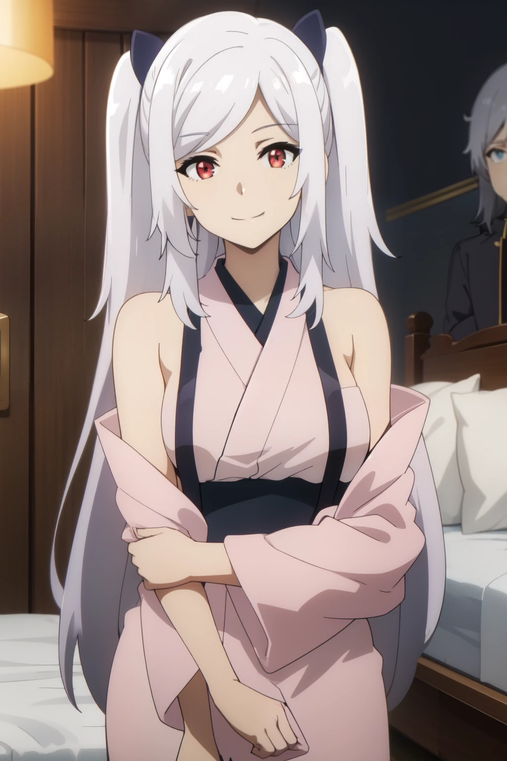 Anime background art, bottom of room, one bed, standing, beautiful anime scenes, 4K anime art wallpaper, 4k anime art wallpaper, Rosla global illumination, anime girl, 1 girl, LORA similar, best quality, detailed, alone, looking at the viewer, mouth closed, smile, hairstyle with two pigtails, hair accessory, definition in the eye, perfect face, lying on a bed, perfect face, perfect hair, white hair, red eyes, kimono costume.