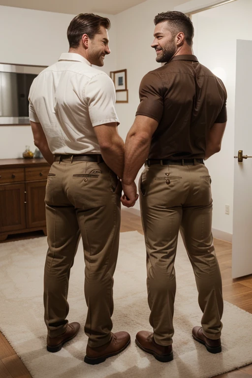 Award-winning original photoen, 30 years old man and wild muscular man, 40 years old, short beards, burly, hunk, wearing shirts, smilling happil, detailed, lovely, full body, brown formal trousers (((backside)))
