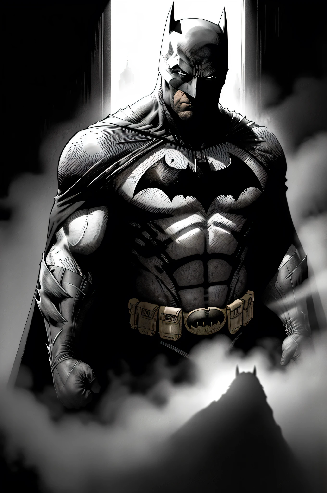 A meticulously crafted watercolor portrait of the enigmatic Batman, beautifully encapsulating the brooding intensity that defines the Dark Knight. Half of his visage is enshrouded in the depths of shadow, evoking a captivating air of mystery. The extended, ruffling cape and the swirling smoke surrounding him add layers of atmospheric intrigue. The volumetric lighting, strategically placed to illuminate the detailed textures of the masterpiece, lends an uncanny depth and dramatic allure to the entire scene. This masterful artwork serves as a striking testament to both the skill of the artist and the enduring legacy of the iconic Batman.