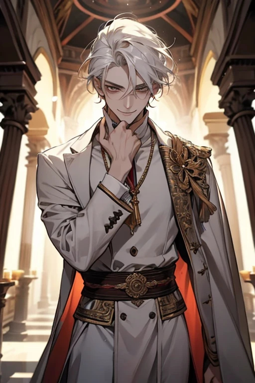 1male, Adulto, Elegante, cruel smile, sadist, pelo blanco, pelo largo hasta las piernas, priest of ancient civilization, con bata, antigua ceremonia religiosa, parte superior del cuerpo