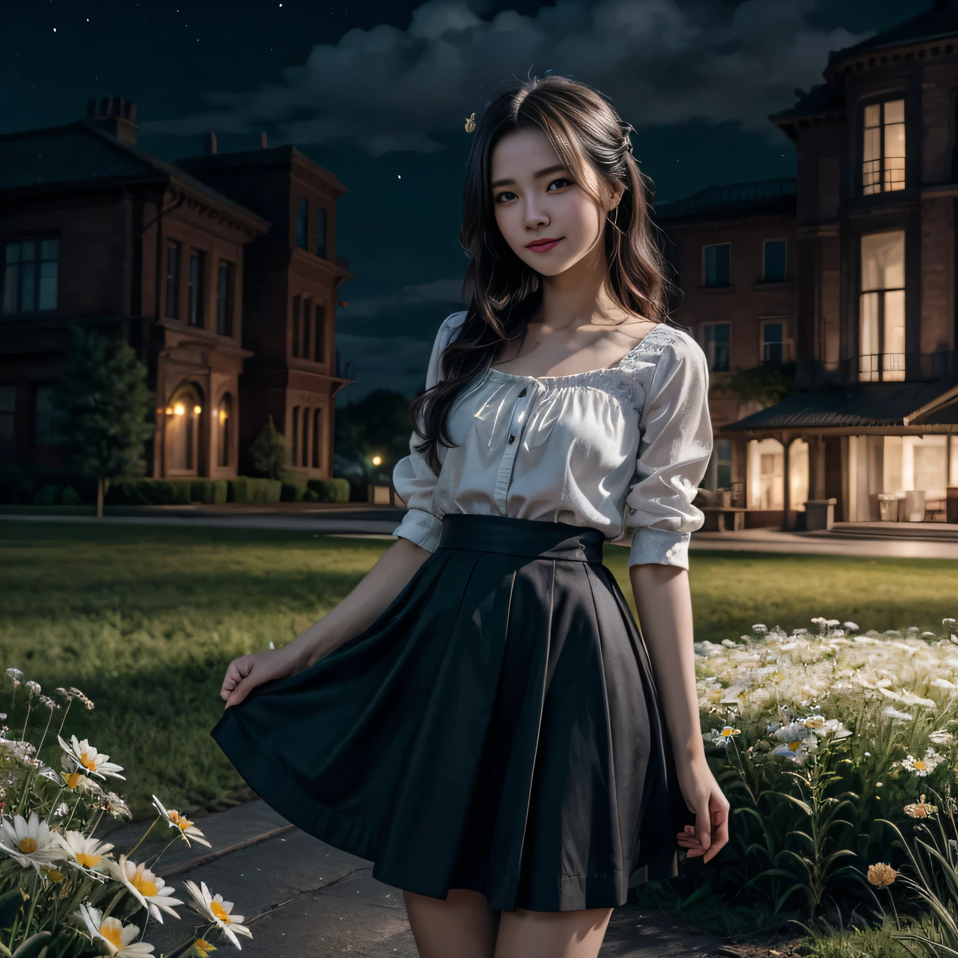 masterpiece, best quality, 1girl, (colorful),(finely detailed beautiful eyes and detailed face),cinematic lighting,bust shot,extremely detailed CG unity 8k wallpaper,white hair,solo,smile,intricate skirt,((flying petal)),(Flowery meadow) sky, cloudy_sky, building, moonlight, moon, night, (dark theme:1.3), light, fantasy,