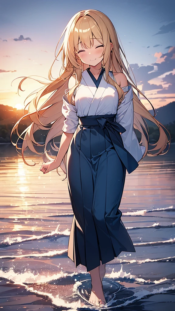 (Masterpiece, Top quality: 1.5) ,4K, (walking on water:1.4), 1 beautiful girl, solo, blond hair,  (blue hakama :1.3), off shoulder, barefoot, long hair, wave hair, (junior high school student:1.2), medium breasts, standard weight, smile:1.5, blush:1.2, tear up:1.3, closed eyes, beautiful scene of lake, Horizon, magnificent panorama view, Silent Water Surface, sunset