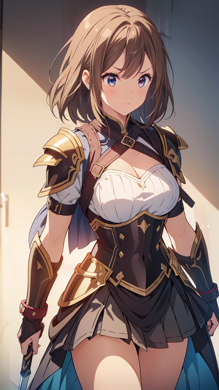((Top quality, 4k, 8k, high resolution, masterpiece: 1.2))), (super detailed), (realistic), (photorealistic), (photorealistic: 1.37), (HDR, UHD), (studio (lighting), ultra-fine drawing, sharp focus, physically based rendering, highly detailed, professional, vibrant colors, Warrior: With an angry face, wearing armor and carrying a sword at her waist, chest plate, skirt, walking, white background, 