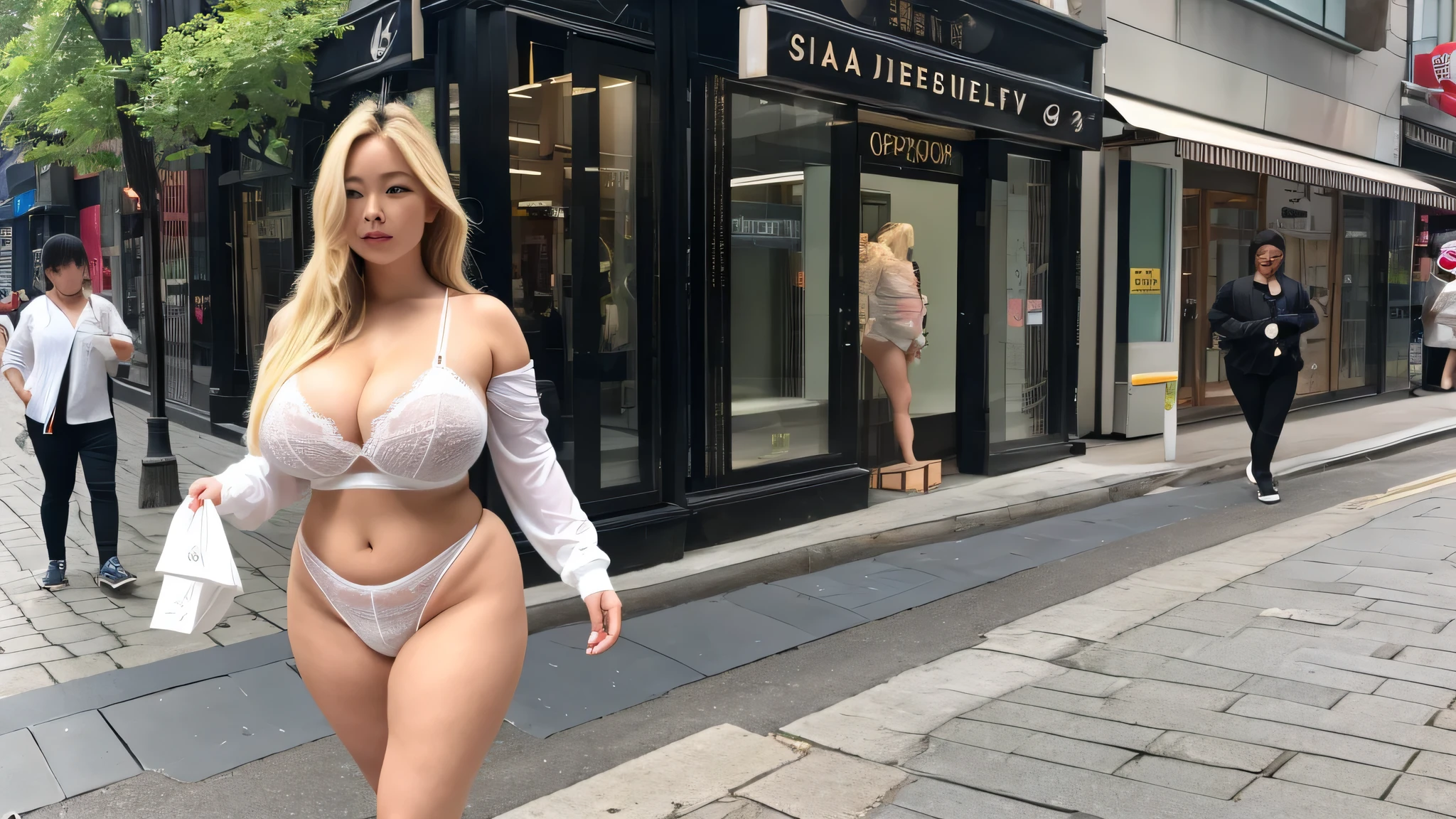 Asian blonde milf with big breasts big thighs voluptuous curvy oppai wearing white nike lingerie no panties walking down the street alone