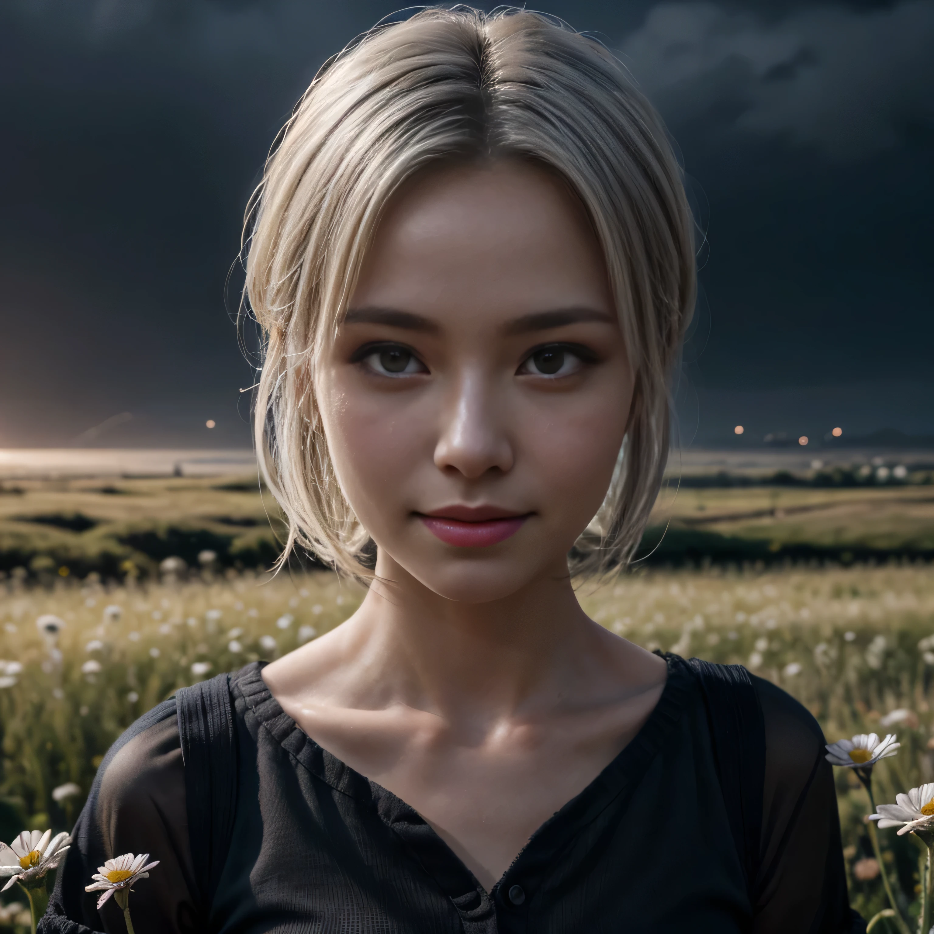 masterpiece, best quality, 1girl, (colorful),(finely detailed beautiful eyes and detailed face),cinematic lighting,bust shot,extremely detailed CG unity 8k wallpaper,white hair,solo,smile,intricate skirt,((flying petal)),(Flowery meadow) sky, cloudy_sky, building, moonlight, moon, night, (dark theme:1.3), light, fantasy,