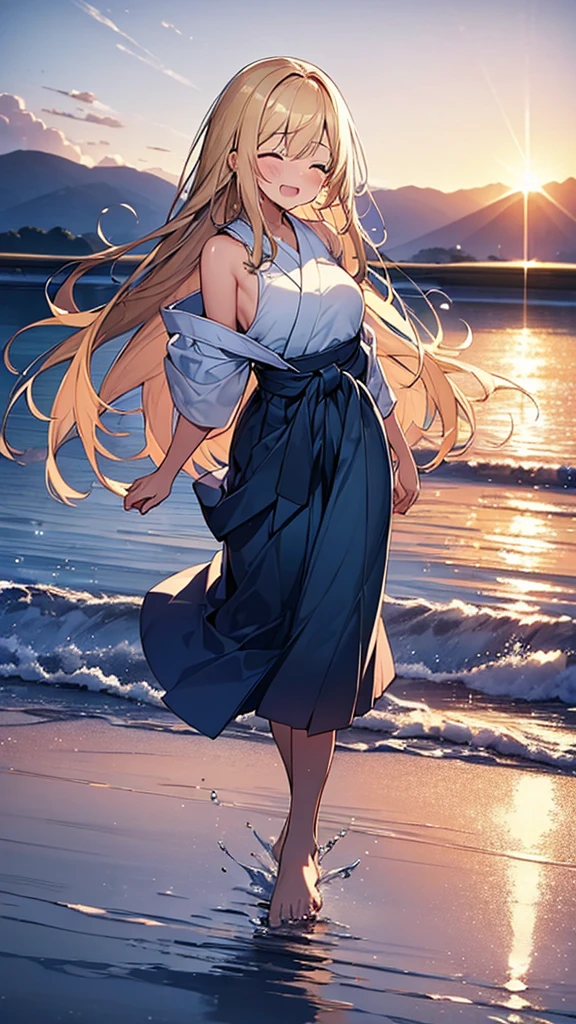 (Masterpiece, Top quality: 1.5) ,4K, (walking on water:1.4), 1 beautiful girl, solo, blond hair, (blue hakama :1.3), off shoulder, barefoot, long hair, wave hair, (junior high school student:1.2), medium breasts, standard weight, smile:1.5, blush:1.2, crying:1.3, closed eyes, open mouth, beautiful scene of lake, Horizon, magnificent panorama view, Silent Water Surface, sunset