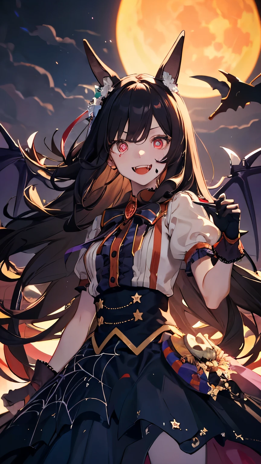 A vampire stands against the red moon, midnight, (black cloak waving in the wind), white skin, Bloodshot eyes, big red ribbon, gothic horror, ((fangs)), crazy, grin