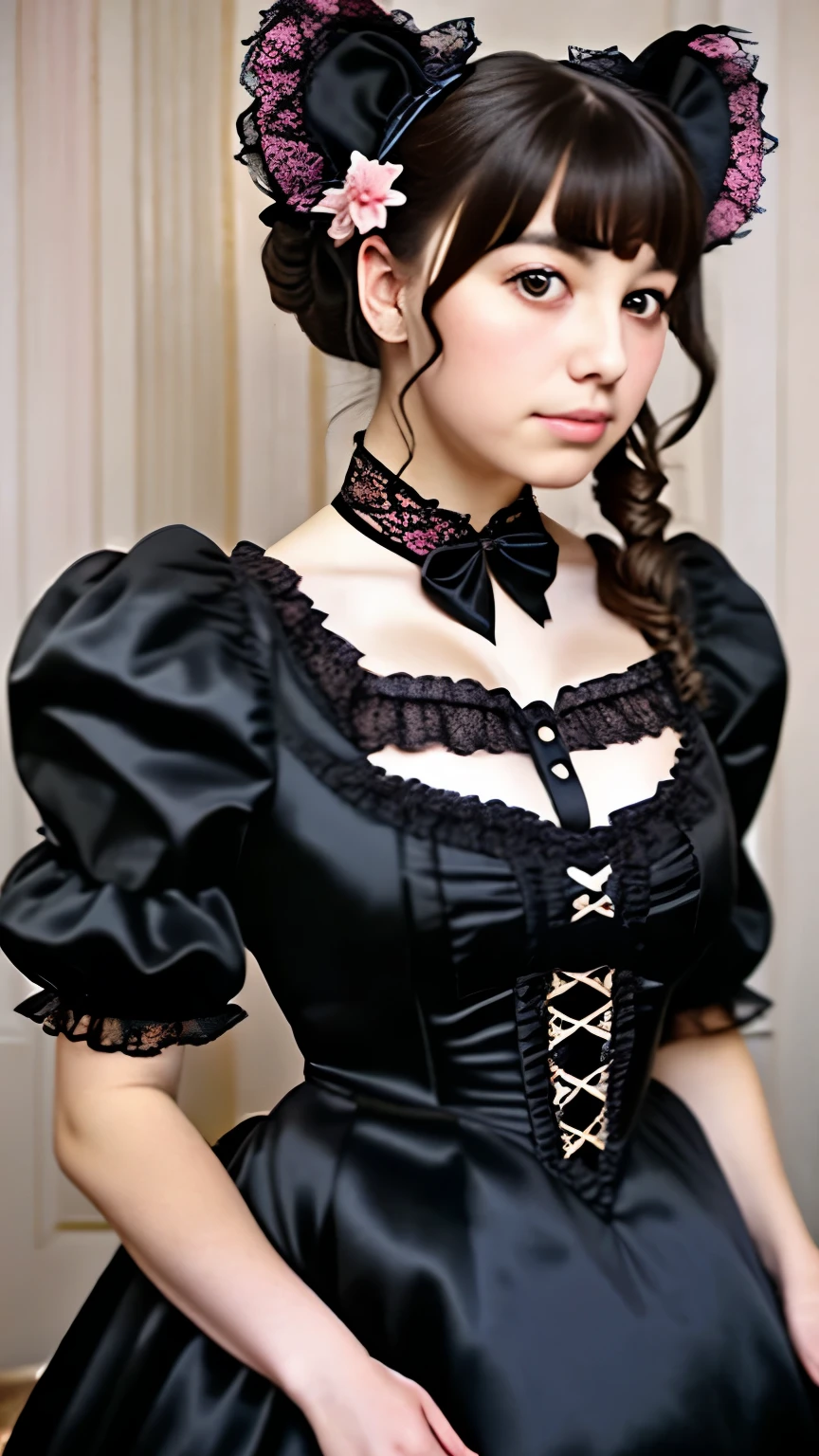 a close up of a woman in a pink dress with black bows, a colorized photo by Ayami Kojima, tumblr, renaissance, lolita style, romantic dress, lolita fashion, black and pink dress, magical dress, cute dress, dreamy style, pink and black, fantasy dress, rococo dress, victorian gothic lolita fashion, beautiful dress, full dress, whimsical and cute