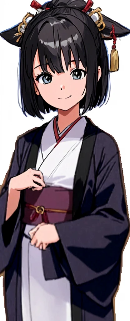 A girl with bob hair is standing in a kimono at a ryokan, looking to the side and slightly open her eyes, smiling.。