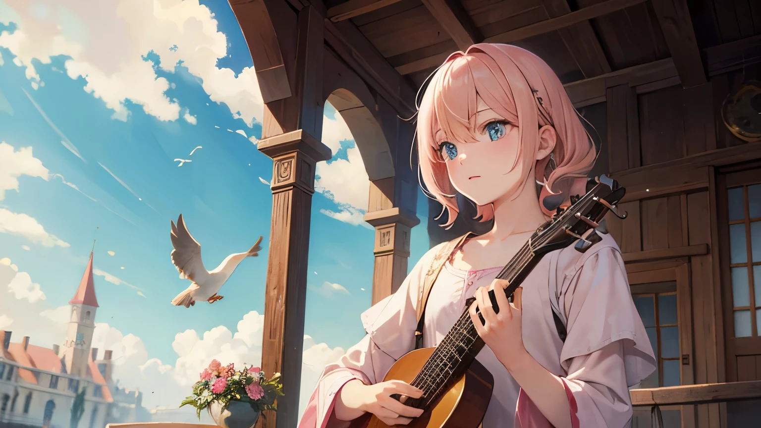 Bird,Young Man,lute,middle ages,Pink blonde hair