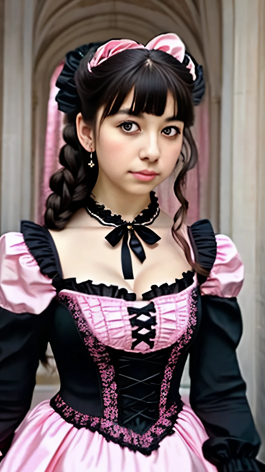 a close up of a woman in a pink dress with black bows, a colorized photo by Ayami Kojima, tumblr, renaissance, lolita style, romantic dress, lolita fashion, black and pink dress, magical dress, cute dress, dreamy style, pink and black, fantasy dress, rococo dress, victorian gothic lolita fashion, beautiful dress, full dress, whimsical and cute