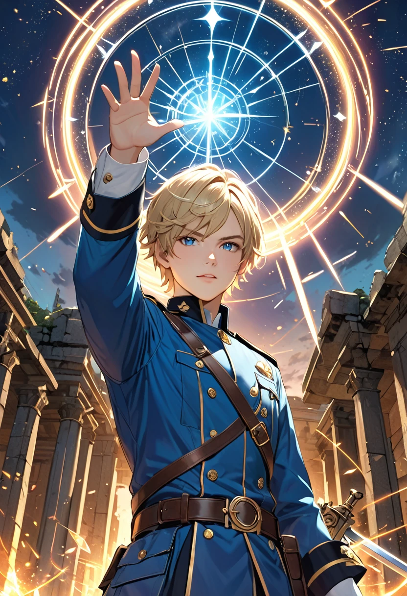 a young boy officer,Blue Uniform,detailed face,blonde,raise right hand,((many Swords shoot out from a large magic circle in the sky)),Flashy effects,sparkling lights,In front of the ruins,(depth of field:1.3),Portrait,magnificent view,