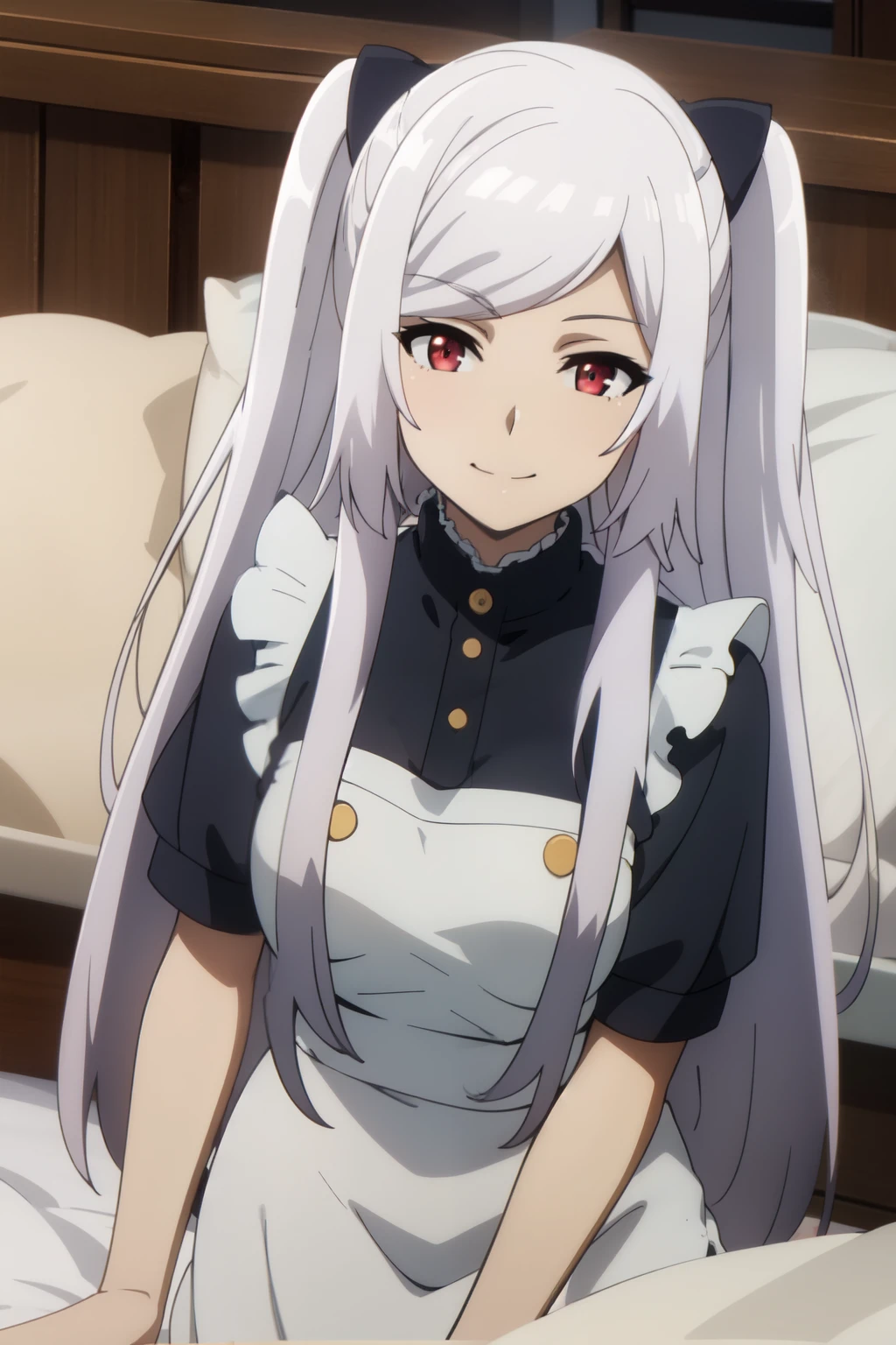 Anime background art, bottom of room, one bed, lying on a bed, beautiful anime scenes, 4K anime art wallpaper, 4k anime art wallpaper, Rosla global illumination, anime girl, 1 girl, LORA similar, best quality, detailed, alone, looking at the viewer, mouth closed, smile, hairstyle with two pigtails, hair accessory, definition in the eye, perfect face, lying on a bed, perfect face, perfect hair, white hair, red eyes, maid costume.