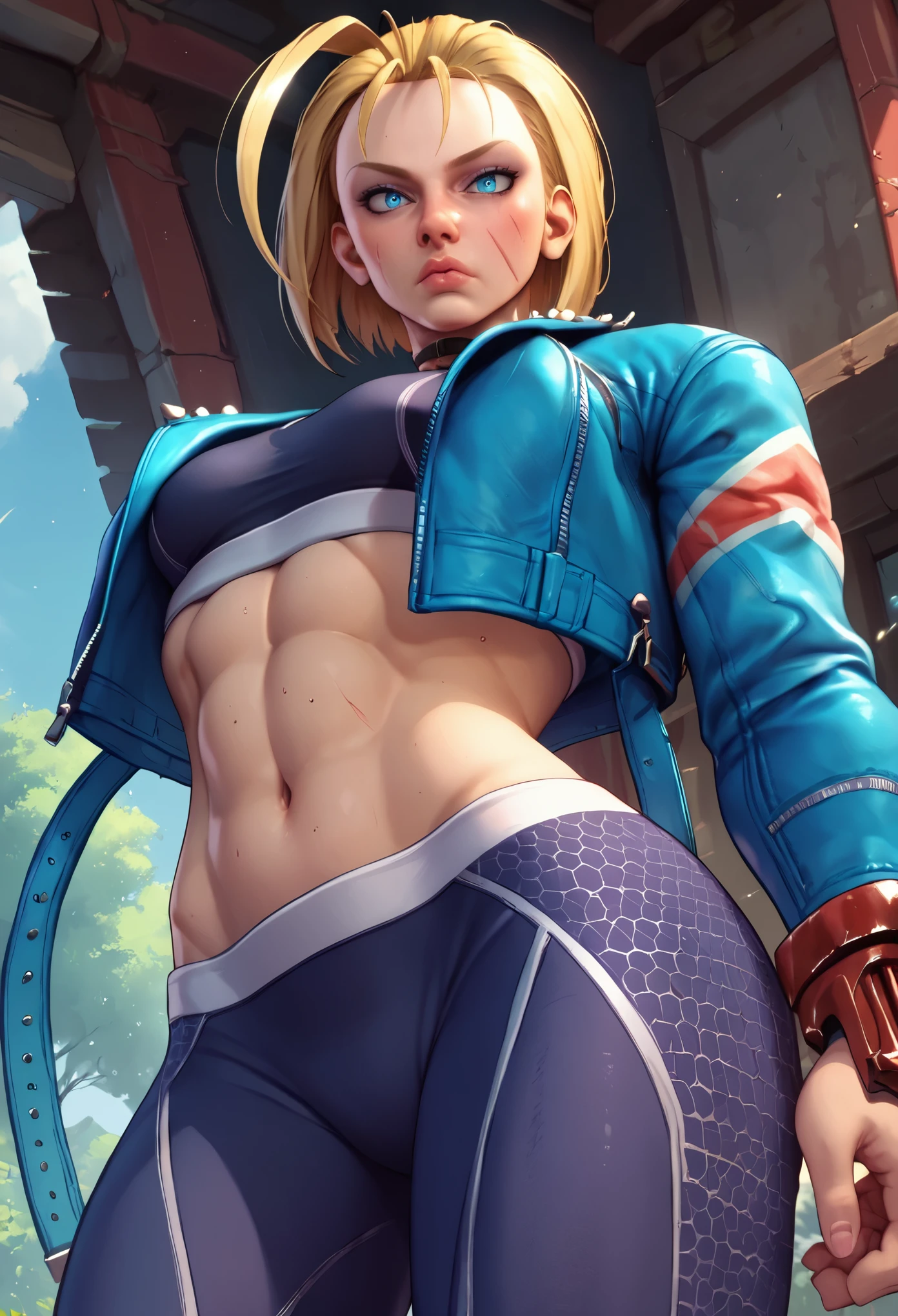 score_9, score_8_up, score_7_up, BREAK, score_9, cammySDXL, 1girl, solo, looking at viewer,breasts, short hair, blue eyes, blonde hair, navel, medium breasts, jacket, open clothes, choker, midriff, pants, open jacket, lips, crop top, black choker, scar, abs, antenna hair, blue jacket, scar on face, forehead, cropped jacket, toned, sports bra, nose, tight, tight pants, yoga pants, black sports bra, denim jacket, cowboy shot,from below,outdoors