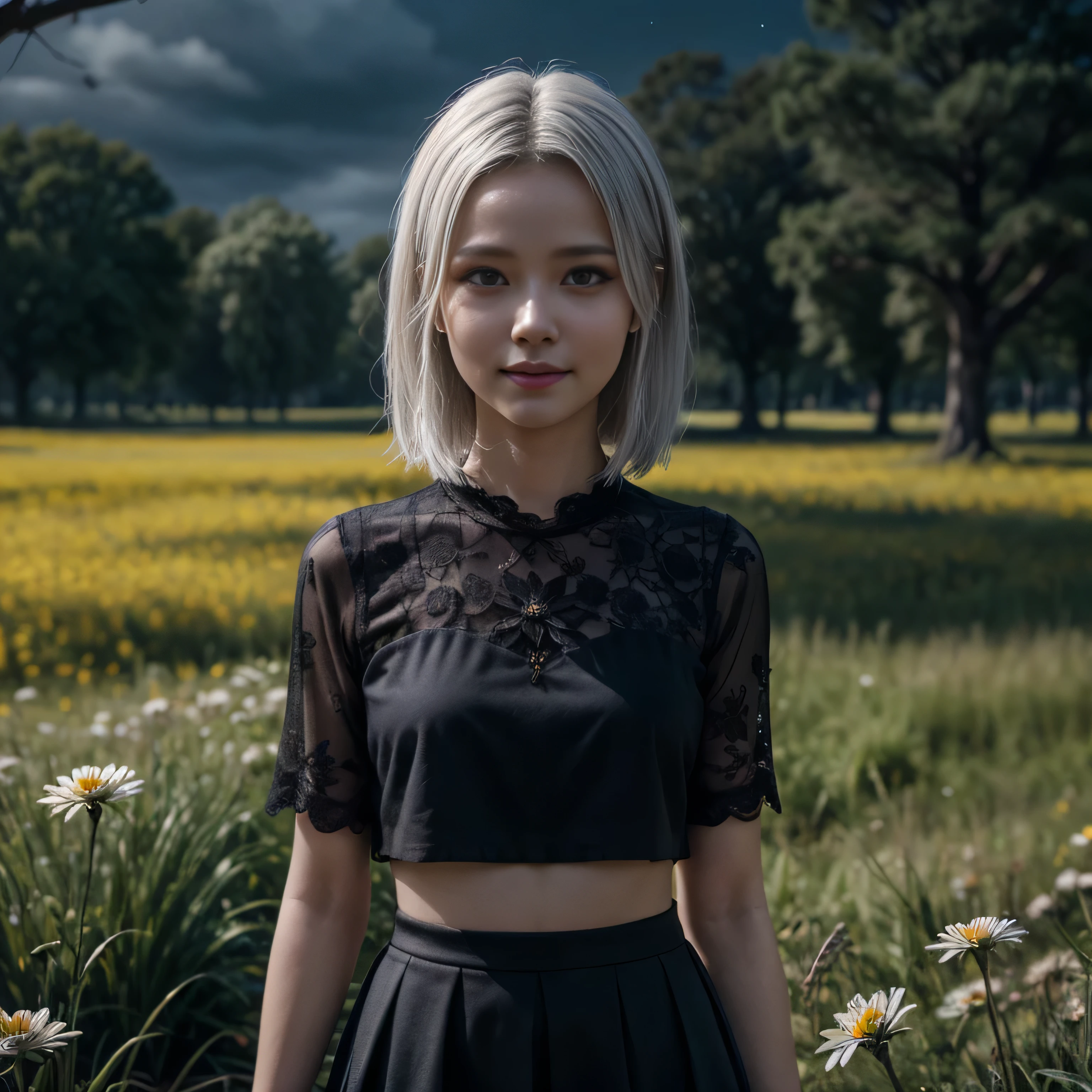 masterpiece, best quality, 1girl, (colorful),(finely detailed beautiful eyes and detailed face),cinematic lighting,bust shot,extremely detailed CG unity 8k wallpaper,white hair,solo,smile,intricate skirt,((flying petal)),(Flowery meadow) sky, cloudy_sky, building, moonlight, moon, night, (dark theme:1.3), light, fantasy,