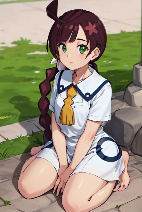 masterpiece, best quality, highres,  wariza, sitting, grass, garden, chl1, 1girl, braided_ponytail, (ahoge:1.1), dress, , white dress, collared dress, collarbone, eyelashes, short sleeves, neck tassel,  bareankle barefoot baretoes barefeet baresole foot feet toes sole dirty dirt 