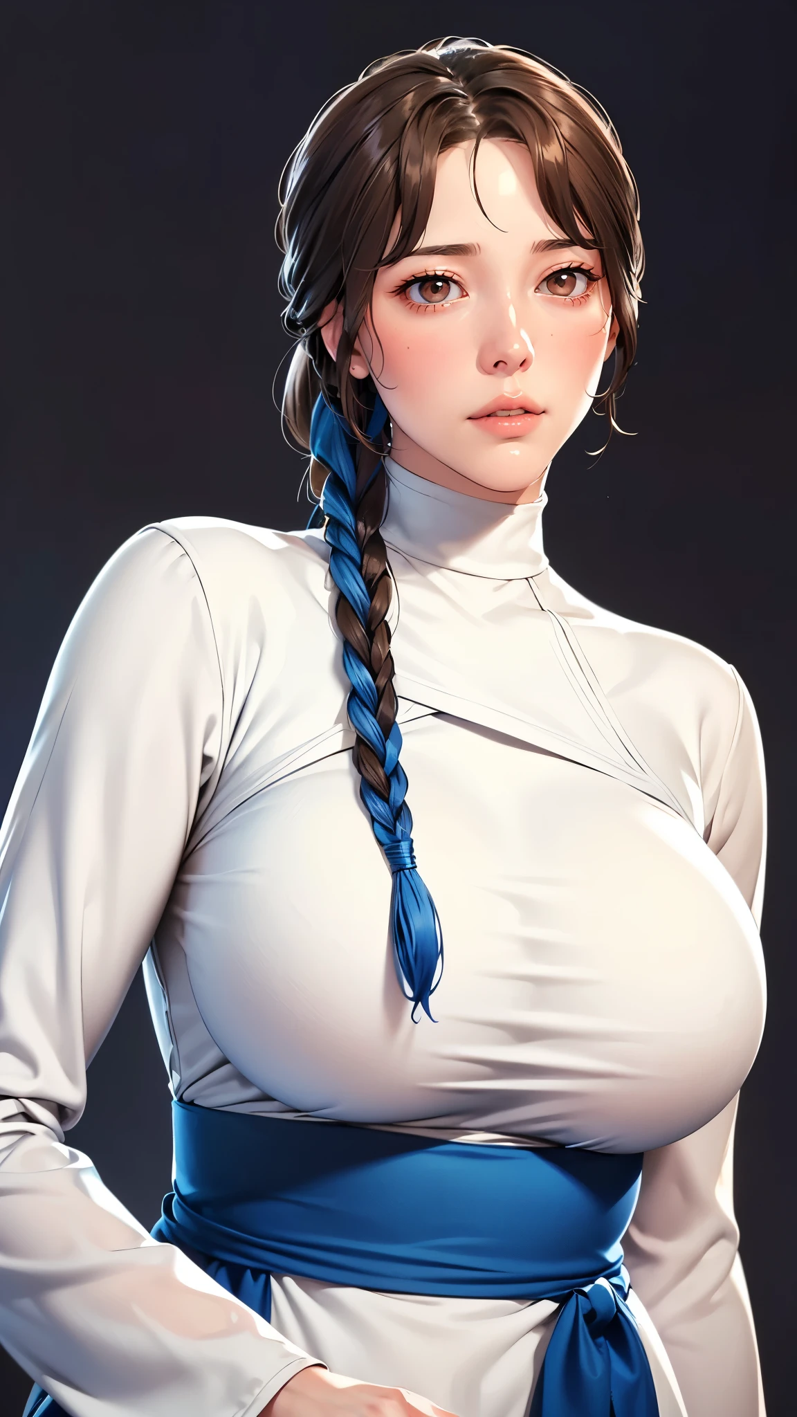 （（（完美number，number，Solitary， White and tender skin，（（（Cyberpunk，Blue Dress，White loose coat，Long-sleeved coat，））），（（（brown eyes, braid, long hair, braided ponytail, single braid, hair over shoulder, bangs, blush, lips)),high resolution, ((Best quality at best))，masterpiece，quality，Best quality，（（（ Exquisite facial features，looking at the audience,There is light in the eyes，(（（open mouth，Part your lips））），型number:1.7））），（（（light and shadow，Huge breasts））），（（（Looking at the camera，black background，)）））