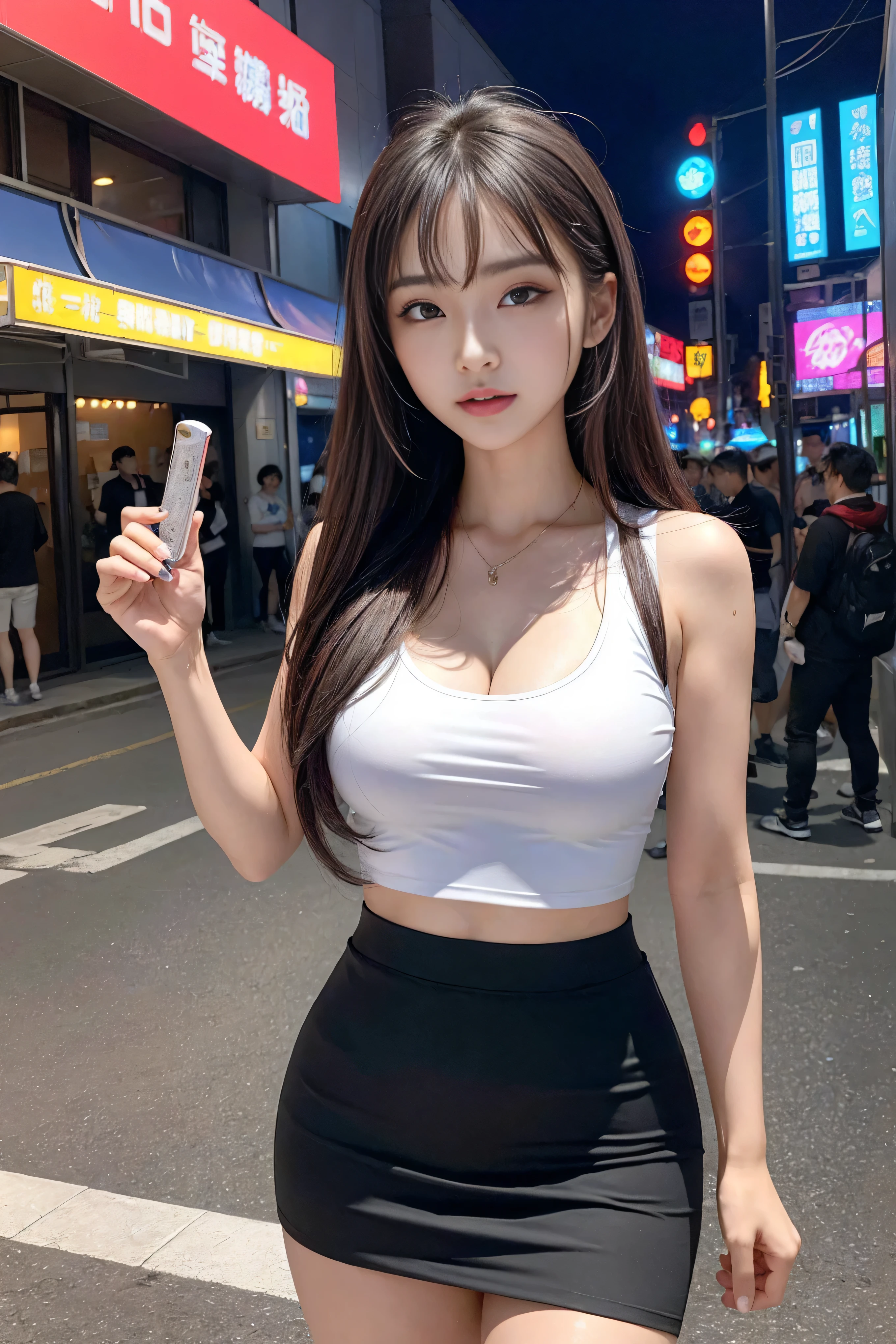 (The background is blurry), 1 girl, (19 years old, 한국 1 girl:1.2), alone, Beautiful girl from Korea, (white latex skin: 1.3), clean face, (slim body), (healthy body), attractive body, Abs, long neck, tall, (big bust:1.2), (Magic), straight hair, soft hair. flawless skin, shiny lips, narrow waist and wide pelvis, (sharp and small face), Round Eyeline, (Long and beautiful eyelashes), (Open your lips), ((beautiful face)), big eyes, double eyelid, flushing, red lips, fragile face, real skin, happy face, (11번 Abs), ((big bust)), apple butt, laugh, Cute face, long neck, narrow shoulders, laugh, (((white short sleeveless:tight ripped jeans) ))), red sneakers, (dynamic pose), Getting on foot, (Jam-sil, seoul, busy street),