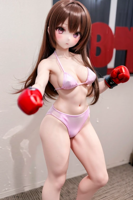 a young anime girl in a bikini and boxing gloves standing next to a body of water, she is ready to fight, wearing vibrant boxing gloves, boxing stance, anime girl of the alps, muscular anime girl, boxer, athletic fashion photography, girl standing on mountain, fit anime girl, young swimsuit model, brave young anime girl, ready to fight, warrior anime girl, posing ready for a fight, boxing, athletic and strong, kickboxing, panoramic centered view of anime girl, panoramic view of anime girl