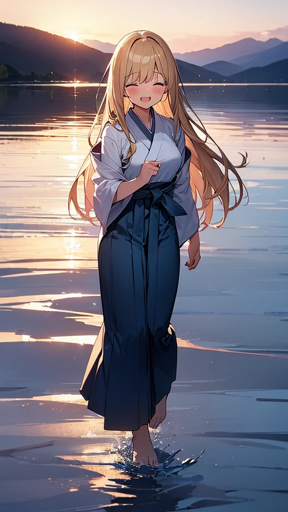 (Masterpiece, Top quality: 1.5) ,4K, (walking on water:1.4),from behind, 1 beautiful girl, solo, blond hair, (blue hakama :1.3), off shoulder, barefoot, long hair, wave hair, (junior high school student:1.2), medium breasts, standard weight, smile:1.5, blush:1.2, crying:1.3, closed eyes, open mouth, beautiful scene of lake, Horizon, magnificent panorama view, Silent Water Surface, sunset