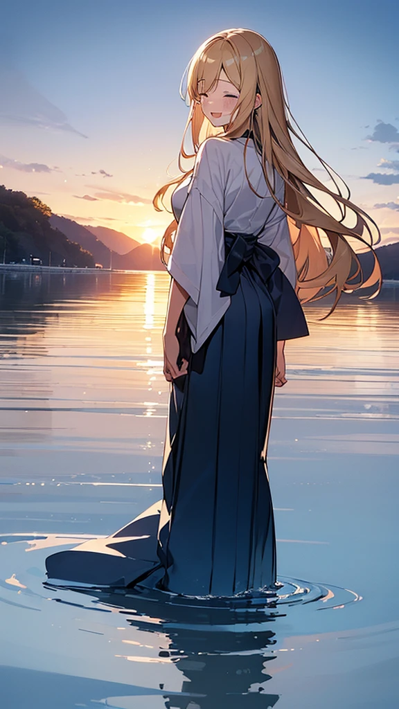 (Masterpiece, Top quality: 1.5) ,4K, (walking on water:1.4),from behind, 1 beautiful girl, solo, blond hair, (blue hakama :1.3), off shoulder, barefoot, long hair, wave hair, (junior high school student:1.2), medium breasts, standard weight, smile:1.5, blush:1.2, crying:1.3, closed eyes, open mouth, beautiful scene of lake, Horizon, magnificent panorama view, Silent Water Surface, sunset