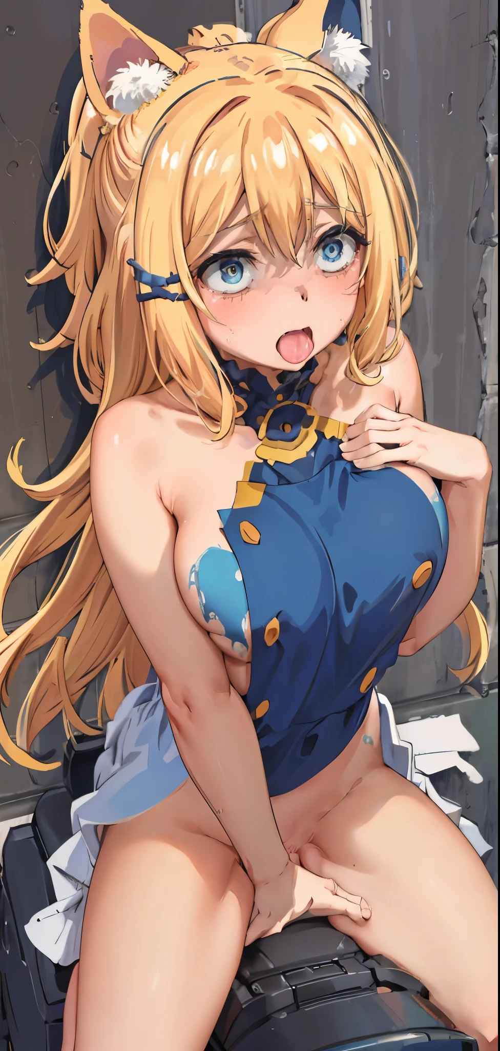 best quality, (masterpiece:1.2), detailed, medieval,
Rumia Tingel,
1girl, solo, ((blush)),
medium hair, blonde hair, short ponytail, blue eyes, green bow, x hair ornament,
(((Naked, nsfw, cum on face, cum on breastlue eyes, ultra-detailed eyes))),
(Dynamic pose), ((blush)), medium breasts, medium hair, black background, perfect anatomy, healthy skin, glowing eyes, cat ears, riding machine. Naked. ((Tongue, saliva)), ftom side