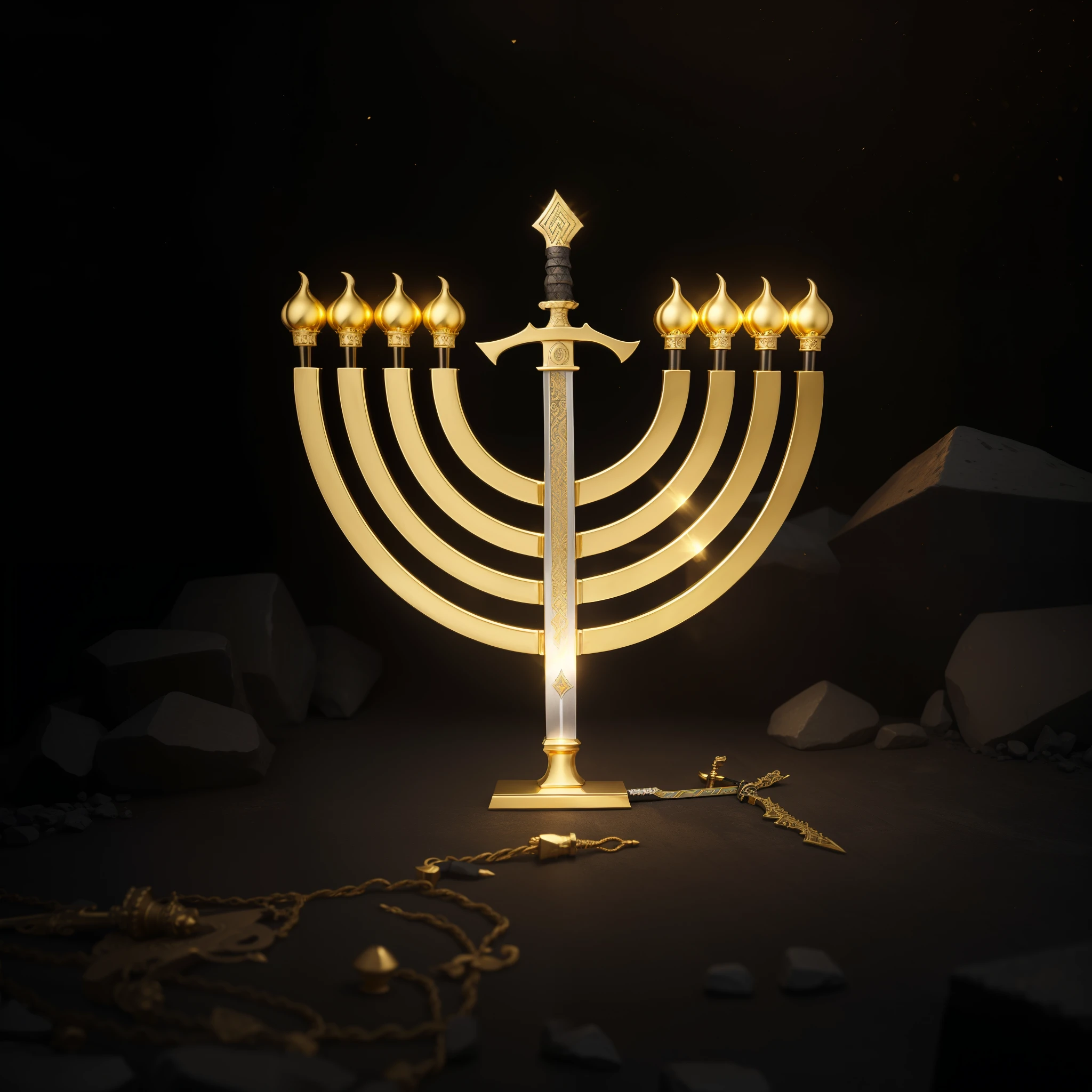 Candelabro, Menorah, Candelabro de ouro, Fogo, Dourado, tempestade, Towards the Heavens, Detailed Realistic Menorah, Detailed Realistic 16K, Realistic Sword 8K, Detailed Realistic Fotorrealism, Sky, Detailed Menorah, Menorah Elegante, celestial, divino, fotorrealista, renderizado, 4k, 8k, texturas detalhadas, sombras detalhadas, decente, cores detalhadas, Contraste realista, Texturas fotorrealistas, cores detalhadas, cores realistas, sombras detalhadas, Eletricidade, 4k, Ultra detalhado, contraste 8k realista, nitidez detalhada, cores Ultra HD, Elegante, hebrew menorah, Golden, Black golden, Silver Sword, Beauty Sword Power, Sword Realistic, Detailed Realistic Sword 16K, Silver, Black and Golden, Fire, Realistic Menorah,